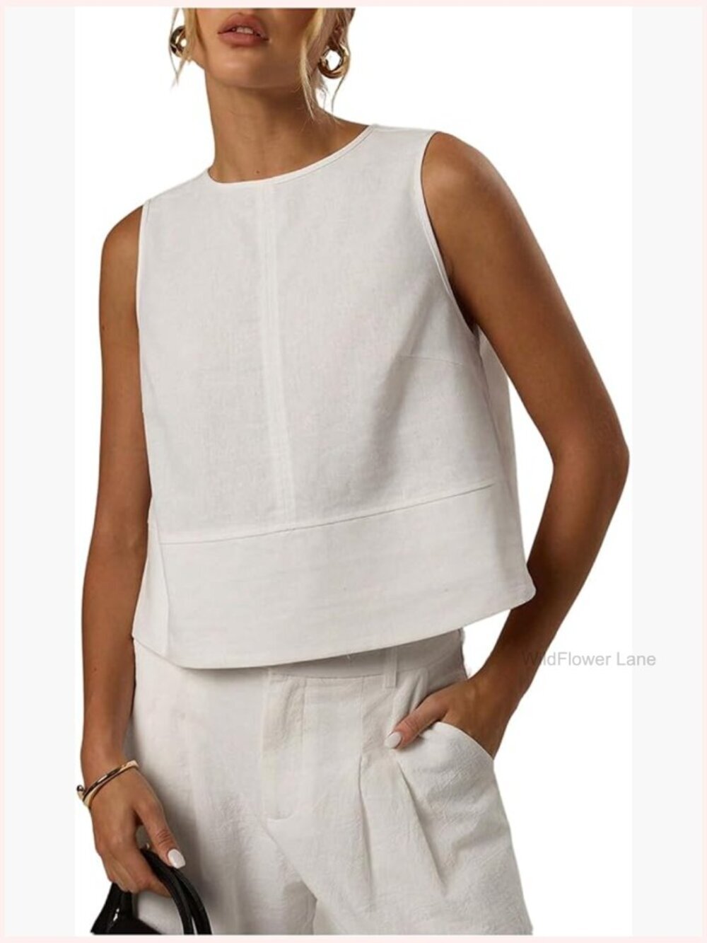 Women's Linen Crop Tank Top Sleeveless Blouse Work Shirt